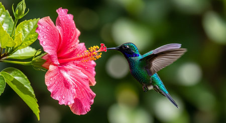 Vibrant hummingbird feeding on hibiscus flower with blurred background