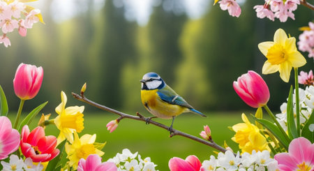 Eurasian Blue Tit perched on branch among spring flowersの写真素材