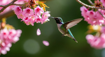 Hummingbird feeding on pink cherry blossoms in springtime garden