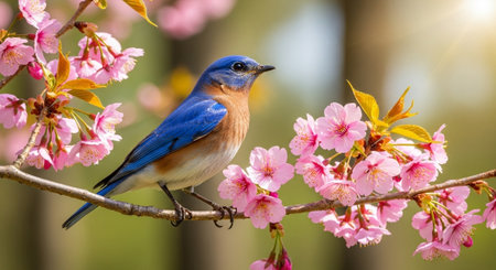 Eastern Bluebird Perched on Cherry Blossom Branch in Springの写真素材