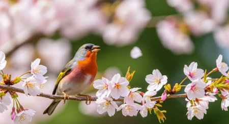 Colorful bird perched on a blooming cherry blossom branch