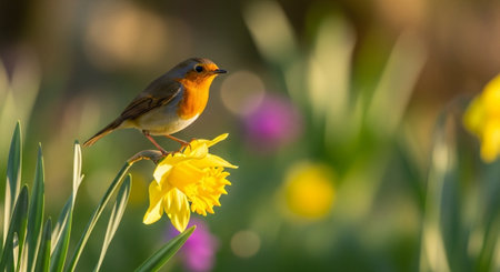 Robin perched upon a bright yellow daffodil blossomの写真素材