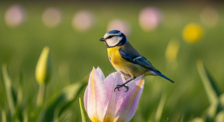 Blue Tit Perched Gracefully on a Dewy Tulip Flowerの写真素材