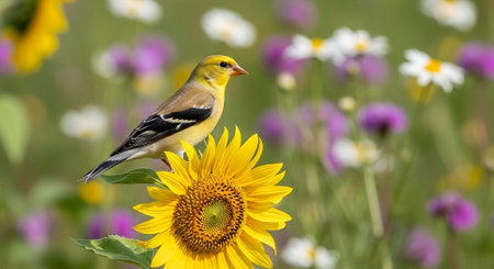 American goldfinch perched on vibrant sunflower in fieldの写真素材