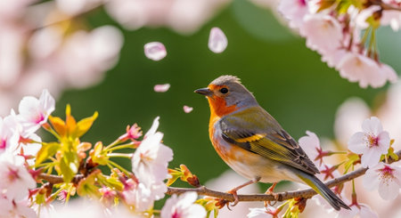 Vibrant bird perched amidst cherry blossoms with falling petals
