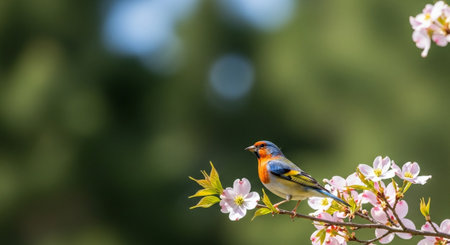 Colorful Finch Perched Among Blossoming Dogwood Tree Branchesの写真素材