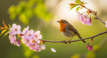 European Robin perched on a blossoming cherry tree branch