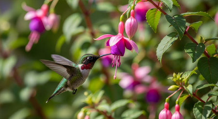 Hummingbird feeding on vibrant pink and purple fuchsia flowersの写真素材
