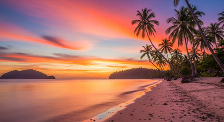 Tropical beach sunset with palm trees and colorful skyの写真素材