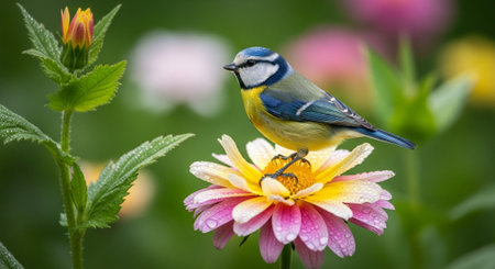 Eurasian blue tit perched atop a pink zinnia flowerの写真素材