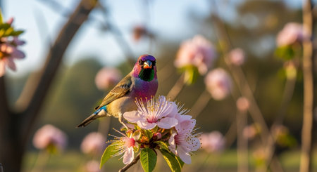 Vivid Gouldian Finch Perched Gracefully on Pink Cherry Blossoms
