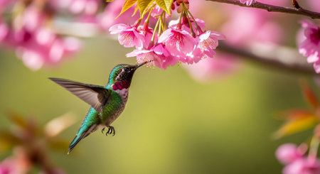 Hummingbird feeding on pink blossoms in natural lightの写真素材