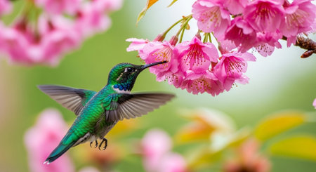 Vibrant hummingbird approaching pink blossoms in naturalistic style imageの写真素材