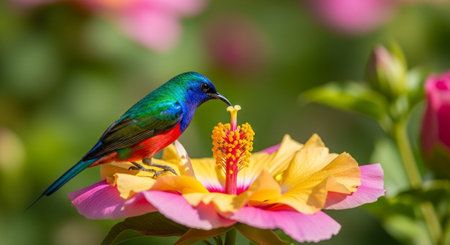 Sunbird feeds on flower nectar in natural sunlight