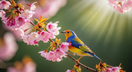 Vibrant painted bunting perched on cherry blossom branch in springの写真素材