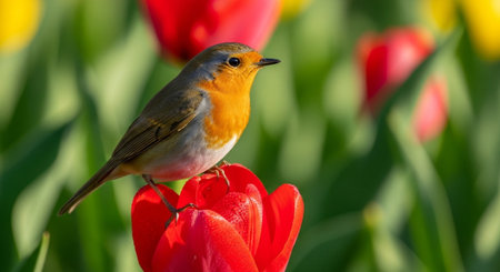 Robin perched on red tulip in vibrant floral settingの写真素材