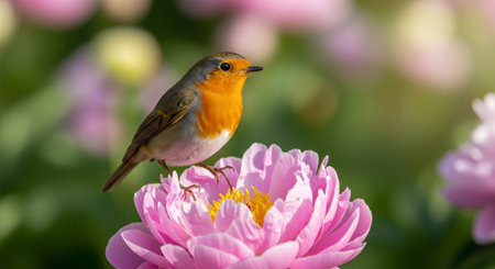 European robin perched delicately on a pink peony blossomの写真素材