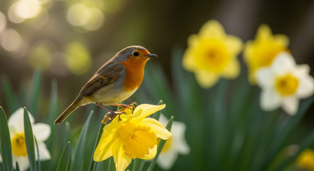 Robin bird perched on bright yellow daffodil blossomの写真素材