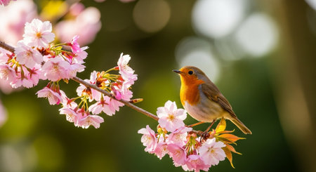 Robin perched on cherry blossom branch enjoying springtime sunshine