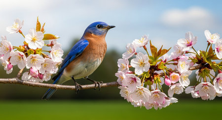 Eastern Bluebird Perched Amongst Cherry Blossoms in Springtime Sunlightの写真素材