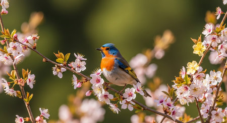 Vibrant robin perched on blossoming branch in springtime lightの写真素材