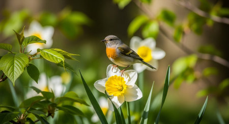 Robin resting atop a bright daffodil in springの写真素材