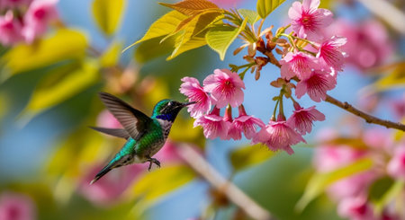 Hummingbird drinking nectar from a vibrant pink cherry blossomの写真素材