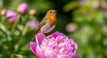 Robin perched atop a vibrant pink peony in bloomの写真素材