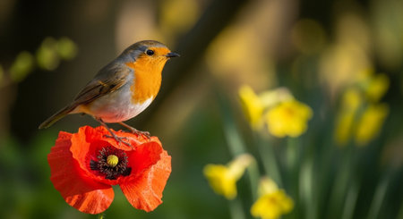 Robin perched delicately on vibrant red poppy flowerの写真素材