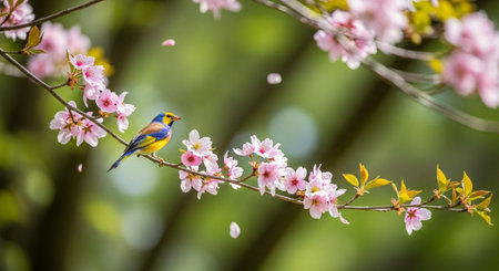 Colorful bird perched on cherry blossom branch in springtime