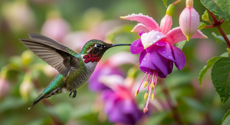 Ruby-throated hummingbird feeding on vibrant fuchsia flower, wings spreadの写真素材