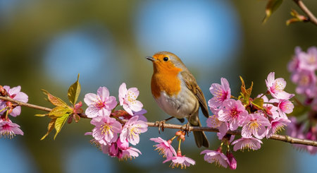 Robin perched on flowering branch in spring light
