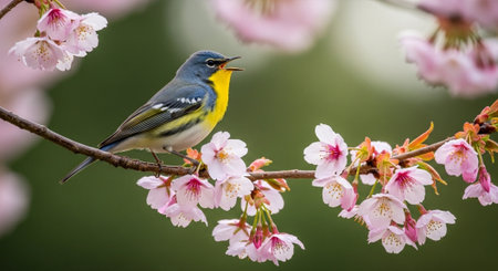 Northern Parula bird singing on a flowering branch