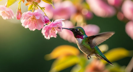 Hummingbird feeding on cherry blossoms in golden lightの写真素材