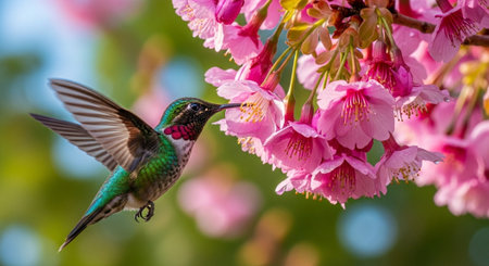 Anna's Hummingbird feeding on Pink Cherry Blossoms in Springの写真素材