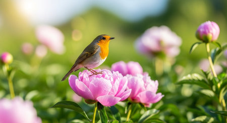 Robin perched on a dewy pink peony flowerの写真素材