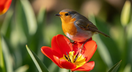 Robin perched atop a vibrant red tulip blossom outdoorsの写真素材