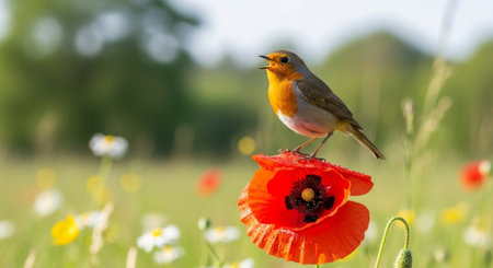 Robin singing on a vibrant red poppy flower in fieldの写真素材
