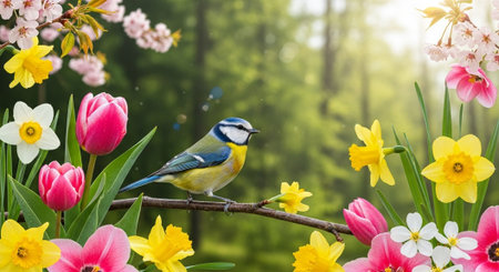 Vibrant bird portrait on branch amidst spring floral blooms