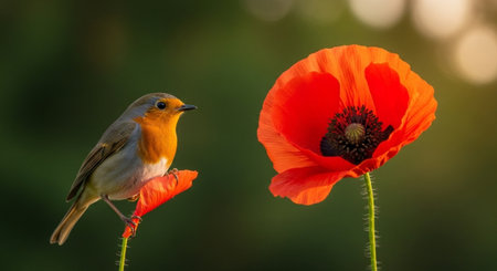 European Robin perched on poppy with another red poppy