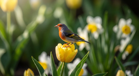 Vibrant Rufous-backed Sibia bird perched on a yellow tulipの写真素材