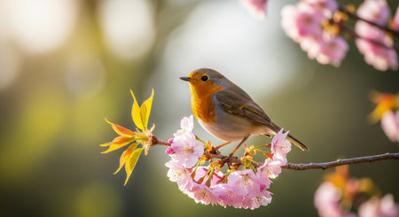 Robin perched on cherry blossom branch in spring sunlightの写真素材