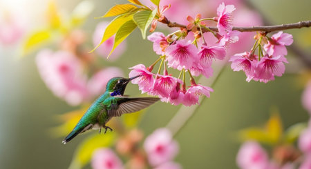 Hummingbird approaching pink cherry blossoms in soft natural lightの写真素材