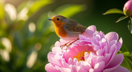 European robin perched on a vibrant pink peony flowerの写真素材