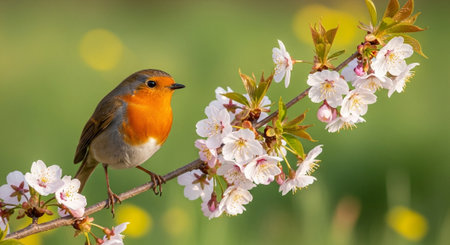 European robin perched on a blossoming cherry tree branch