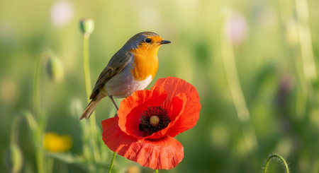 Robin perched on a vibrant red poppy in fieldの写真素材