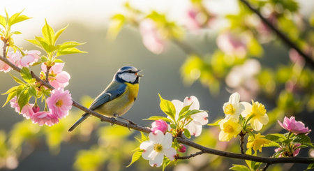 Eurasian blue tit perched on flowering branch in springの写真素材