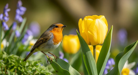 Robin perched amongst yellow tulip blooms in spring gardenの写真素材