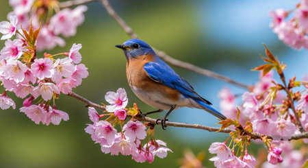 Eastern bluebird perched on cherry blossom branch in springの写真素材