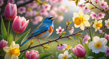 Vibrant bluebird perched among tulips and blossoming spring flowersの写真素材